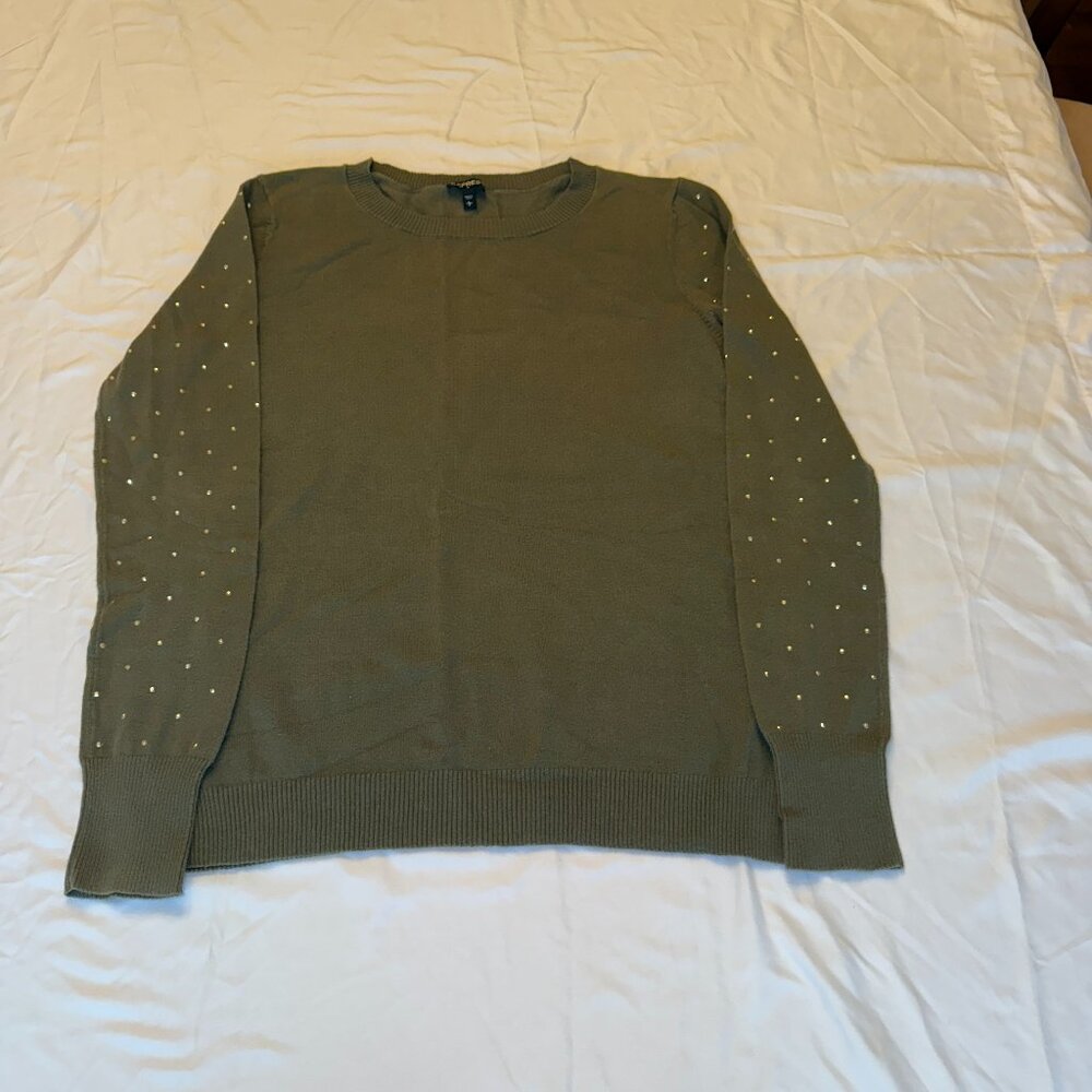 Express Pullover Top Gold Embellished Sleeve Knit Olive Green Women's Large